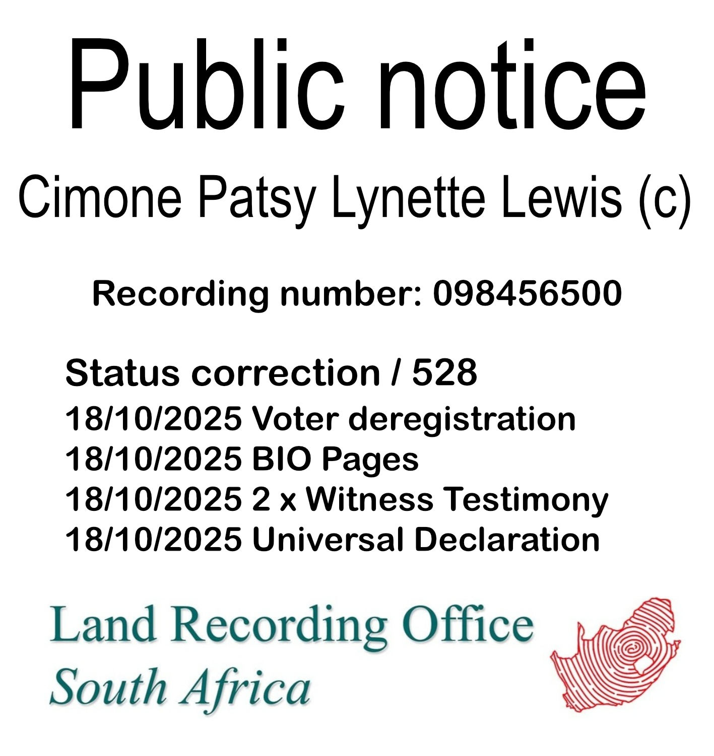 Public notice Cimone Patsy Lynette Lewis Recording number 098456500